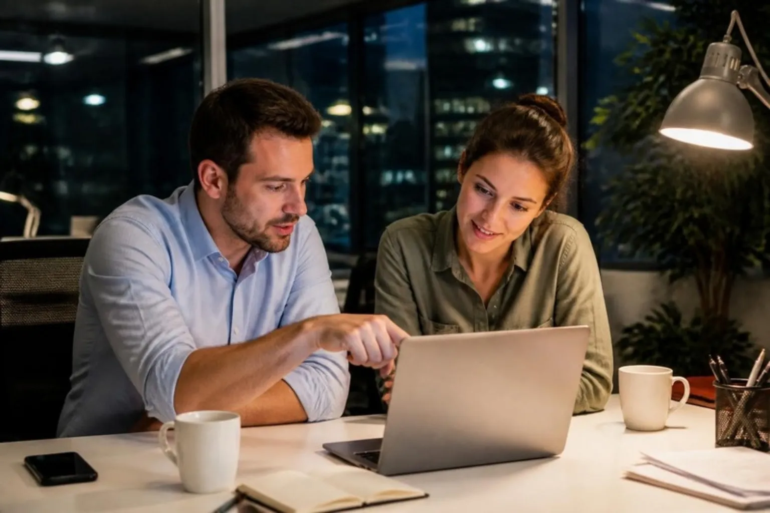 Two colleagues working through something on a laptop