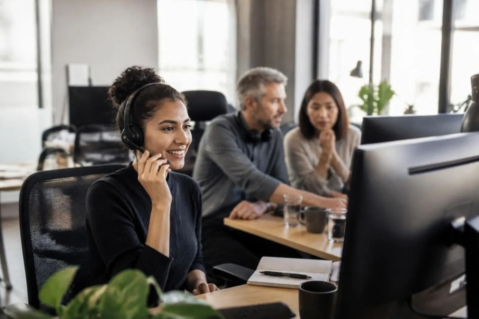 A support agent on a call, smiling, with two colleagues conferring behind her
