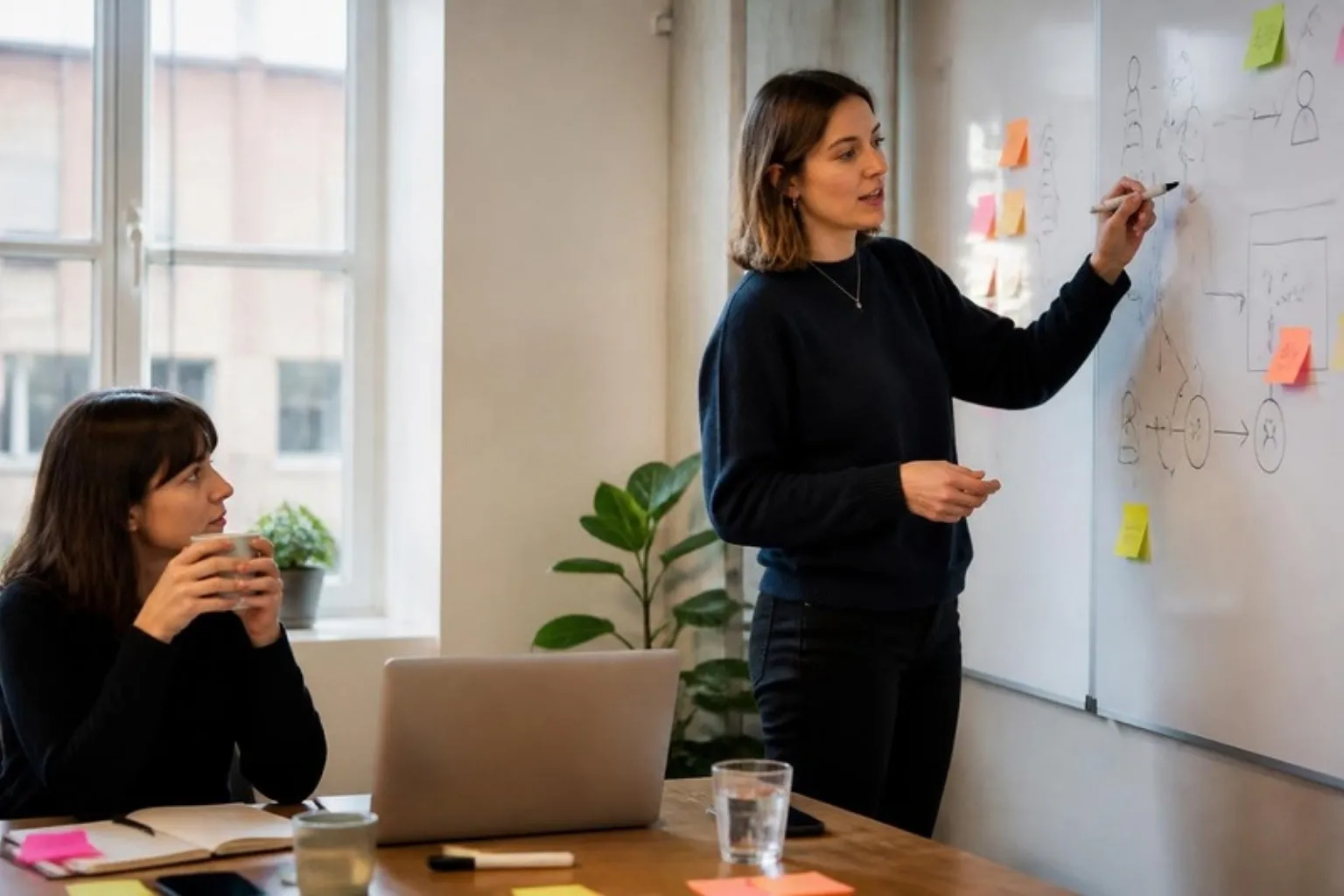 A person sketching a customer journey on a whiteboard while a colleague listens